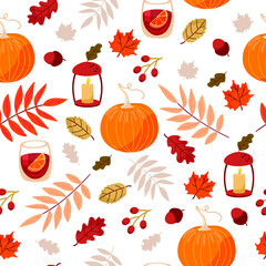 Vector seamless autumn background - pumpkins, oak leaves, maple, acorns and fruits . The pattern of Thanksgiving, autumn festive on a white background.