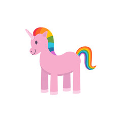 Unicorn toy with rainbow mane and tail on white background. Cartoon illustration, vector.