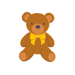 Teddy bear toy with yellow bow on white background. Cartoon illustration, vector.