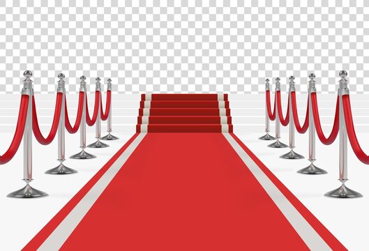 Red carpet on stairs with red ropes on silver stanchions