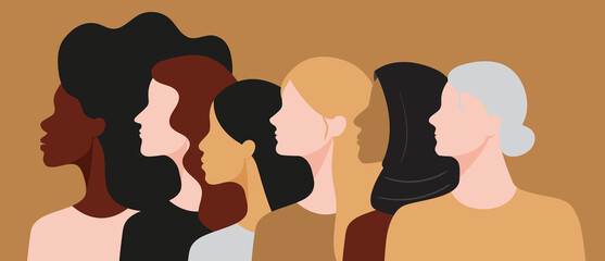 Women of different races and age standing together. Profile silhouettes of female characters with various skin colors and hair styles. Minimal flat style illustration. Feminism movement concept