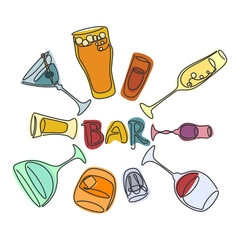 One line continuous line way vermouth tequila martini beer rum champagne liquor red wine vodka whiskey glass. Bar banner. Objects are arranged in a circle, text in center. Hand drawn party drinks