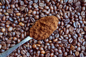 a spoonful of freshly ground coffee close up