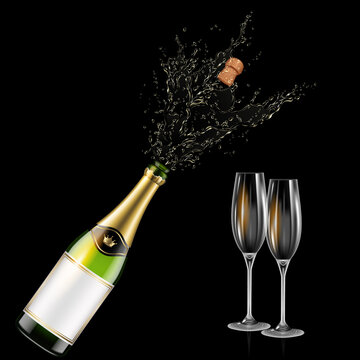 Bottle of champagne with a cork and glasses, vector realistic champagne explosion, isolated on black.