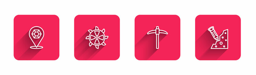 Fototapeta premium Set line Gem stone, Bucket wheel excavator, Pickaxe and Construction jackhammer with long shadow. Red square button. Vector