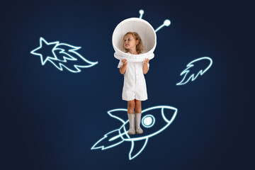 Creative artwork of little girl wearing astronaut helmet and standing on drawn rocket isolated over...