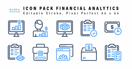 Icon Set of Financial Analytics Two Color Icons. Contains such Icons as Time Is Money, Monitoring, Business Case, Website Settings etc. Editable Stroke. 64 x 64 Pixel Perfect