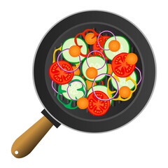 sliced vegetables  on frying  grill pan top view tomatoes zucchini carrot onion bell pepper vector illustration