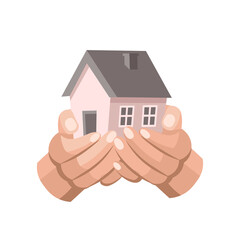 Fototapeta na wymiar Hands holding house.Concept of rent home purchase, mortgage, real estate insurance and banking.Cartoon style