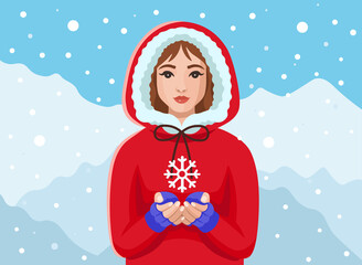 Girl in a red coat holding a snowflake in her hands in winter.Concept of winter and christmas banner, sticker label and greeting card. Cartoon vector
