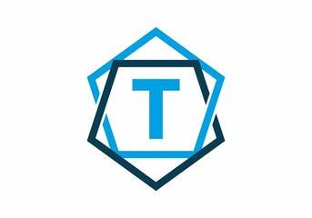Blue color of initial letter T in pentagon frame