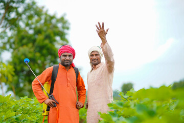 Two indian farmers working and discuss at green cotton field.