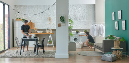 Two men living together, kitchen living room and washing machine laundry interior style, table chair sofa home design.