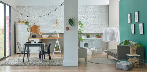 Kitchen living room and washing machine laundry interior style, table chair sofa home design.