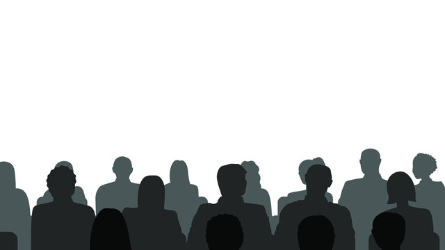 People heads silhouette. The audience sitting back view vector illustration. Back crowd.