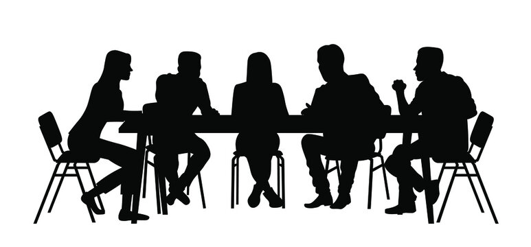 Business people having meeting or conference. Coworkers sitting at the table silhouette vector illustration