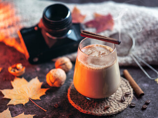 Hot autumn spicy coffee with milk. Alcoholic with the addition of whiskey or a non-alcoholic...