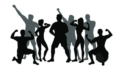 Sporty people silhouette. Sporty and fit friends in gym vector illustration. Man and woman showing muscles.