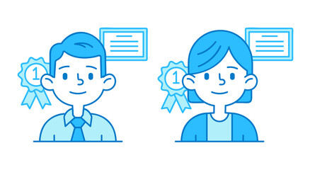 Fototapeta premium Vector illustration of a employee avatar with diploma and award in trendy flat linear style