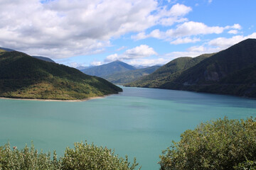Fototapeta na wymiar View of the Zhinvali reservoir from the Georgian Military Highway.