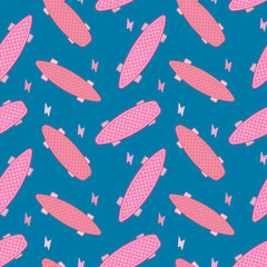 Vector Girlish Illustration of Pink Penny Skateboard with Lightning. Skateboarding Seamless Pattern with Cartoon Skate Board. Flat Style Skate Background