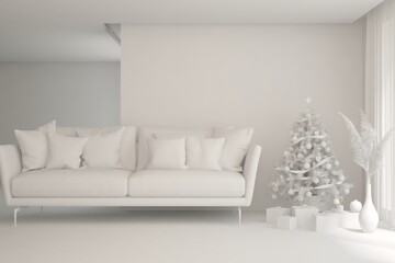 Winter new year interior of living room with sofa in grey color. Scandinavian design. 3D illustration