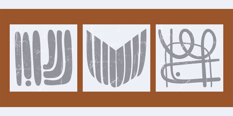 A set of three aesthetic geometric backgrounds. Minimalistic square posters for social media, cover design, web, home decor. Trendy vintage illustrations with shapes, circles, grunge texture. 