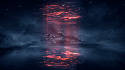 Futuristic fantasy night landscape with abstract landscape and island, moonlight, radiance, moon, neon. Dark natural scene with light reflection in water. Neon space galaxy portal. 3D illustration. 