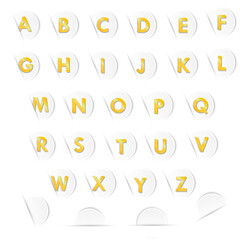 Golden letters a to z in white paper circle and shadow