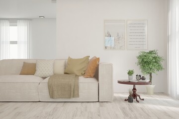 White living room with sofa. Scandinavian interior design. 3D illustration