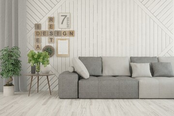 Fototapeta premium White living room with sofa. Scandinavian interior design. 3D illustration
