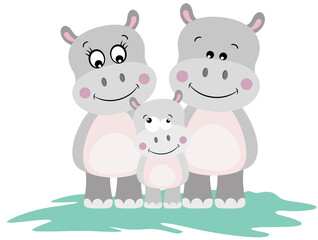 Funny hippo family with mum, dad and baby