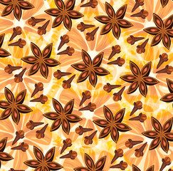 A pattern of anise and clove spices, with a dried orange in the background. Vector drawing for a print or decoration.