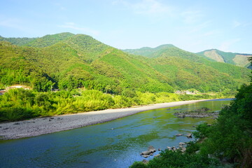 Naklejka na ściany i meble Shimanto River Valley in Kochi, Shikoku, Japan - 日本 四国 高知 四万十川 