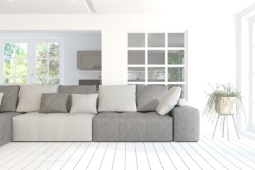 White living room with sofa and summer landscape in window. Scandinavian interior design. 3D illustration