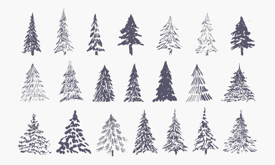 set of hand drawn winter trees (vector sketched spruce, fir and xmas trees)