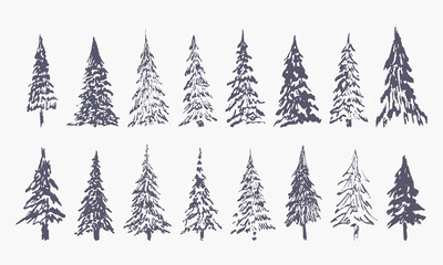 set of hand drawn winter trees (vector sketched spruce, fir and xmas trees)