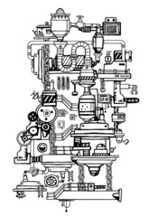 Vector Vertical Illustration of Complex Mechanism of Product Production. Line Art Style Design of Black and White Retro Machine