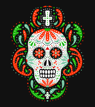 Traditional mexican sugar skull. Ornate decorative human skeleton head on the dark background. Latin american Day of the Dead celebration symbol. National flag colored EPS 10 vector illustration.