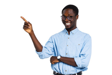 Smiling handsome african man in glasses points with his finger on isolated white background
