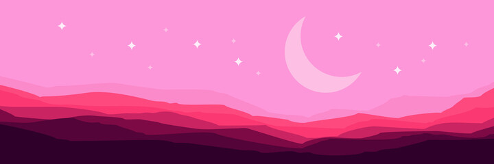 night mountain landscape with crescent moon vector illustration good for wallpaper, desktop wallpaper, backdrop, background template, and design template