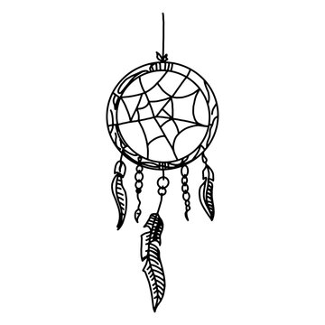 Dream catcher with feathers, high detailed ritual thing. American boho spirit. Hand drawn sketch vector illustration for tattoos or t-shirt print