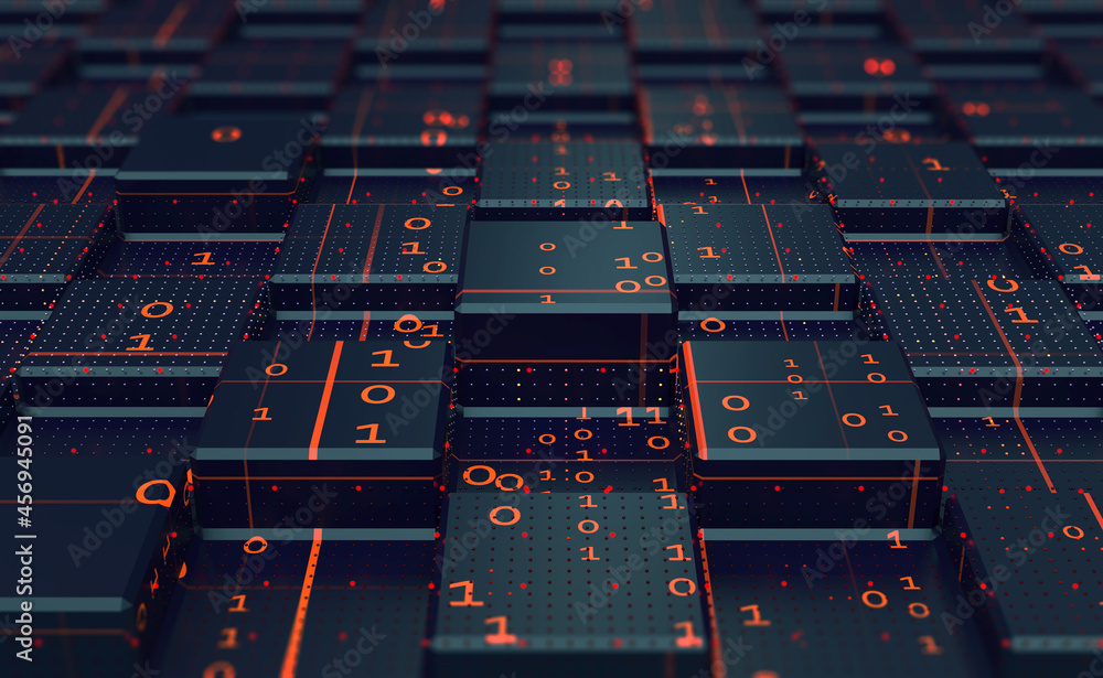 Leinwandbilder Blockchain Internet technologies. Binary code big data. Information technology, digital data stream. Data analysis. Quantum computer concept. 3D illustration of circuit