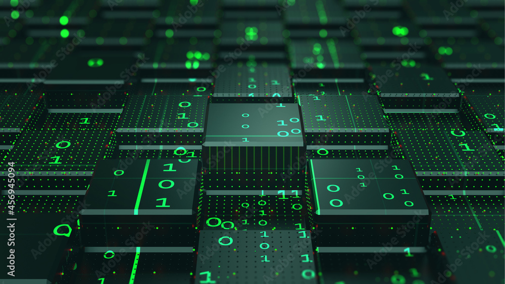 Leinwandbilder Blockchain Internet technologies. Binary code big data. Information technology, digital data stream. Data analysis. Quantum computer concept. 3D illustration of circuit