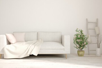 Soft color living room with sofa. Scandinavian interior design. 3D illustration