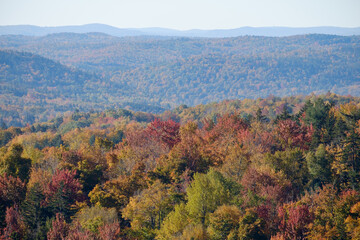 Fototapeta na wymiar Vermont mountains covered in beautiful autumn colors on a perfect morning