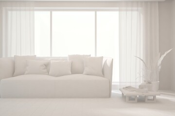 White minimalist living room with sofa. Scandinavian interior design. 3D illustration