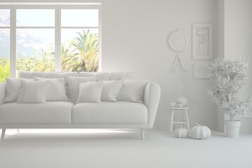 Mock up of stylish room in white color with sofa and green landscape in window. Scandinavian interior design. 3D illustration