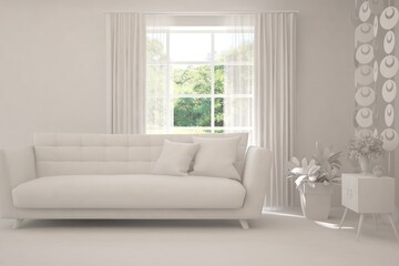 Mock up of stylish room in white color with sofa and green landscape in window. Scandinavian interior design. 3D illustration