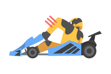 Kart Racing or Karting with Man Racer in Open Wheel Car Engaged in Motorsport Road Extreme Driving Vector Illustration